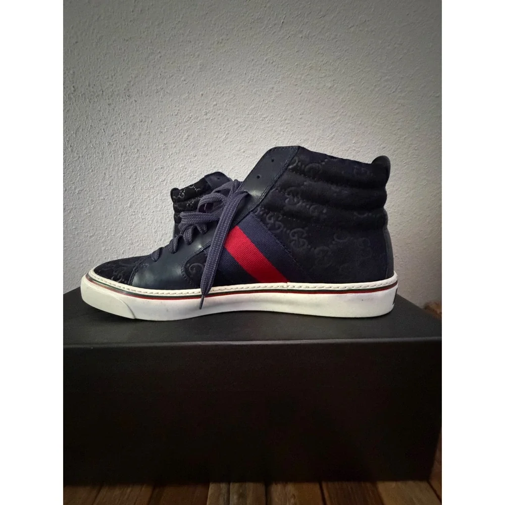 Gucci High Top Sneakers Size 8 Navy Blue GG Monogram Web Stripe 221825